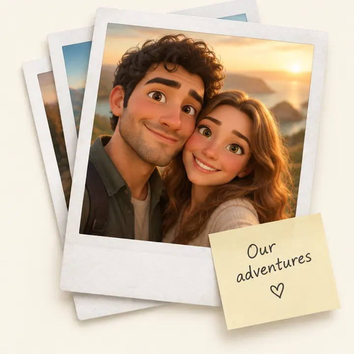 A stack of polaroids of the couple with a note that says Our adventures