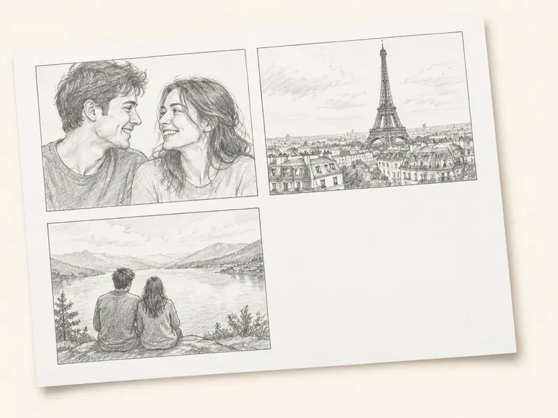 Pencil storyboard sketches of the couple's scenes