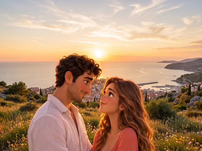The animated couple smiling at each other at sunset